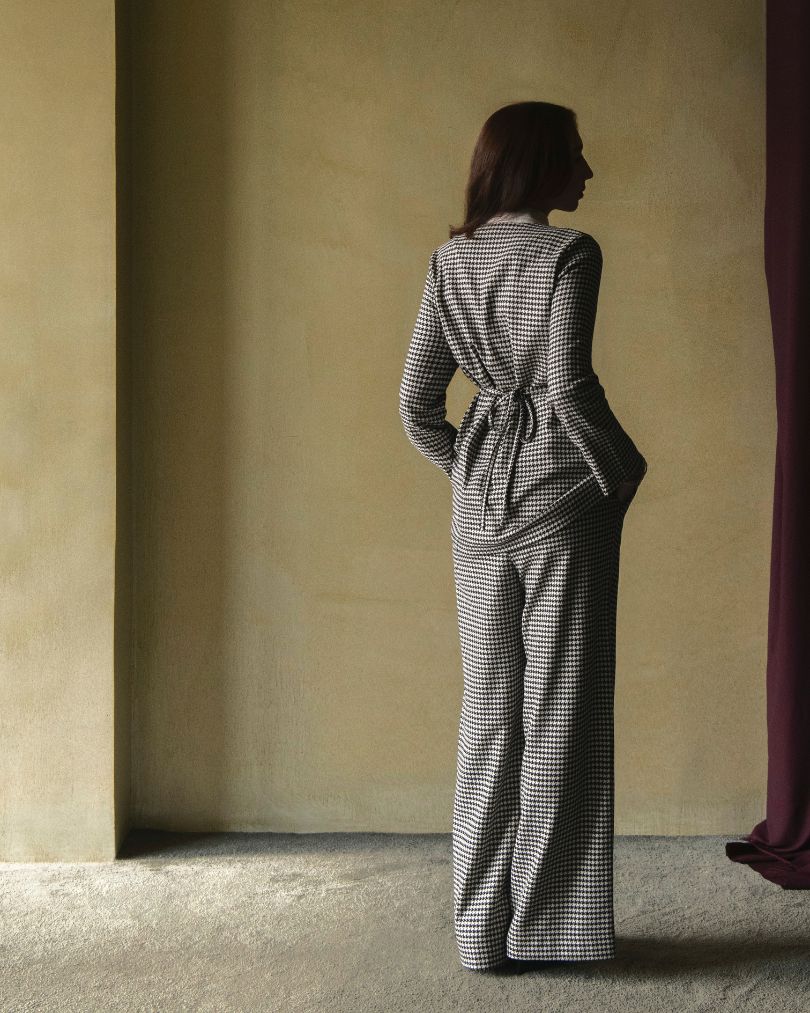 Houndstooth pants set modest two-piece back view