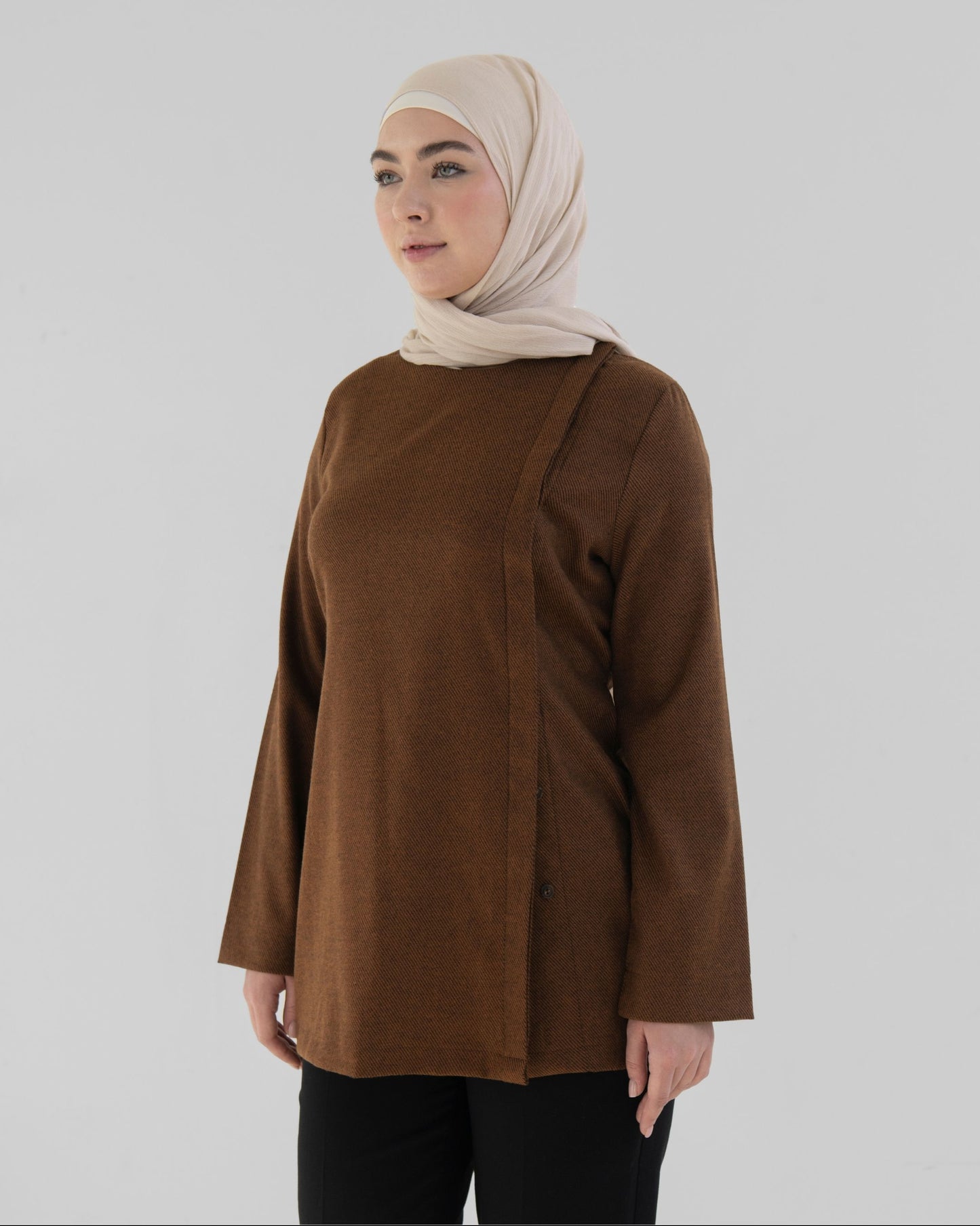 Caramel brown side-button top
