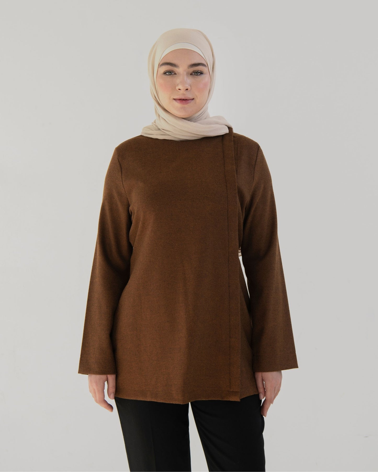 Caramel brown side-button top
