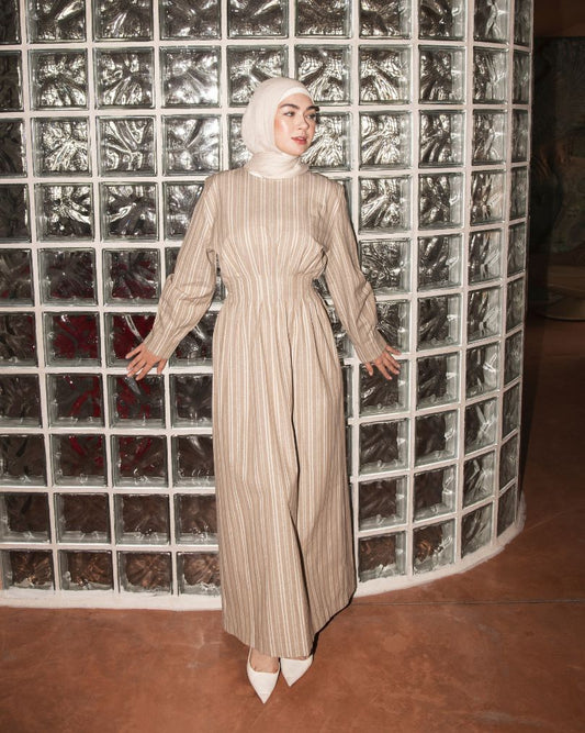Contoured beige Dress – modest maxi dress by Lam By Layan Jordan - hijabi model, long sleeves