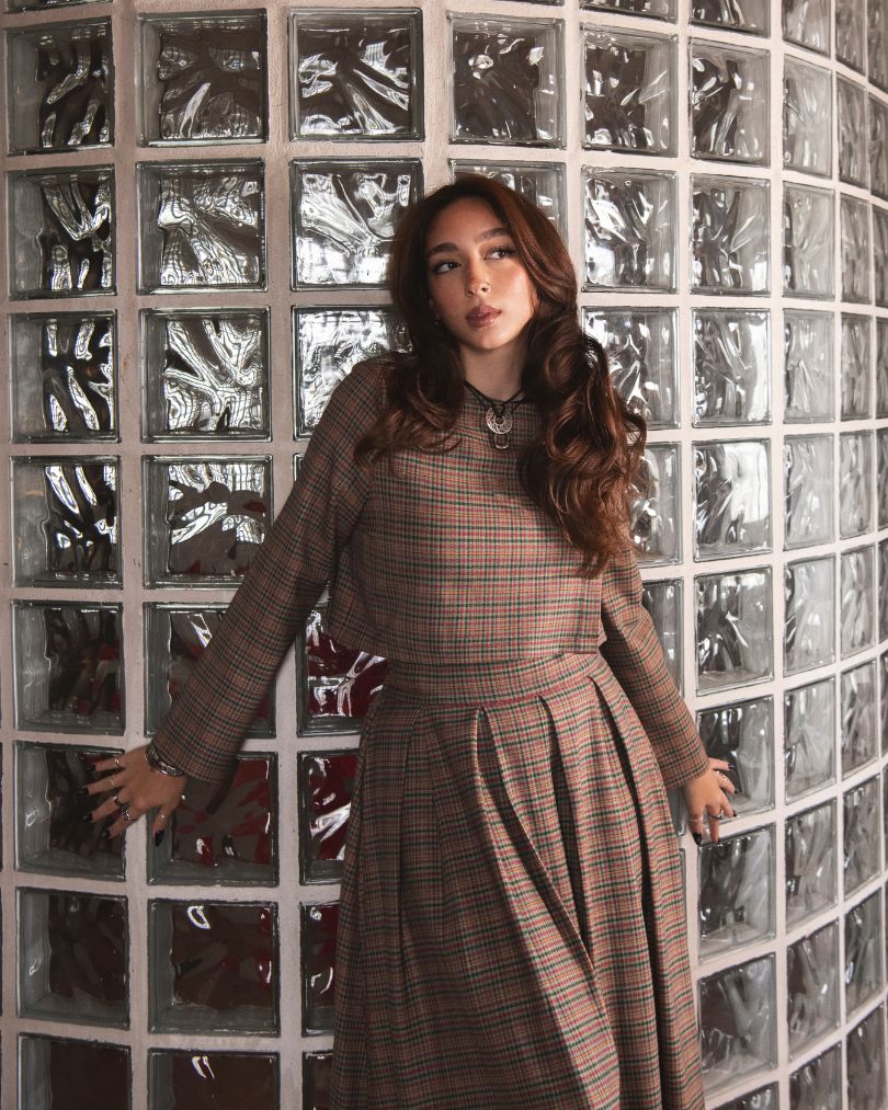 Plaid skirt set modest two-piece front view