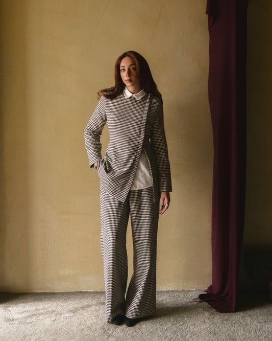 Houndstooth pants set modest two-piece front view