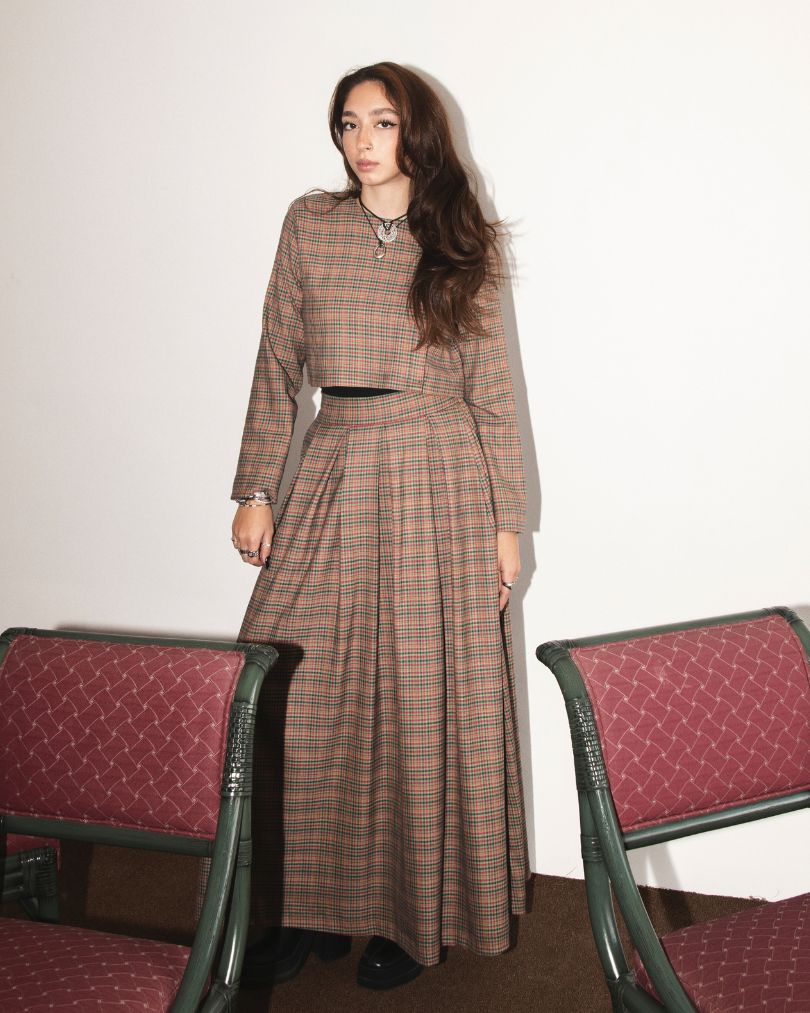 Plaid skirt set modest two-piece front view
